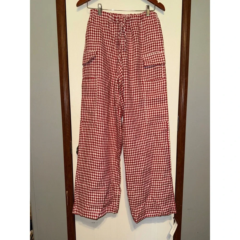 Reformation Ethan Linen Pant Tomato Check Red Gingham Cargo Pants Size S NEW